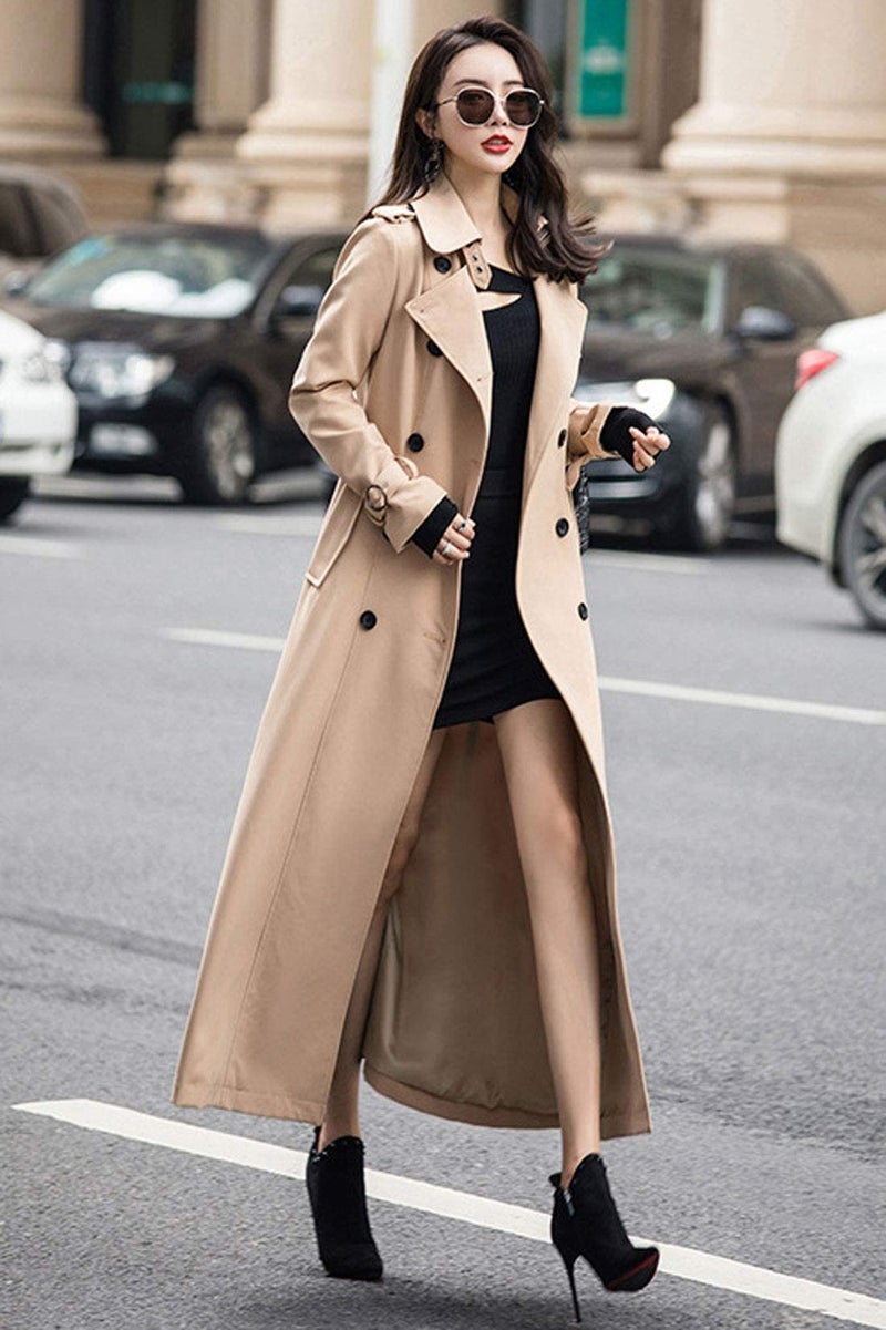 ebossy Women's Double Breasted Duster Trench Coat Slim Full Length Maxi Long Overcoat (X-Small, Khaki) - Image 2
